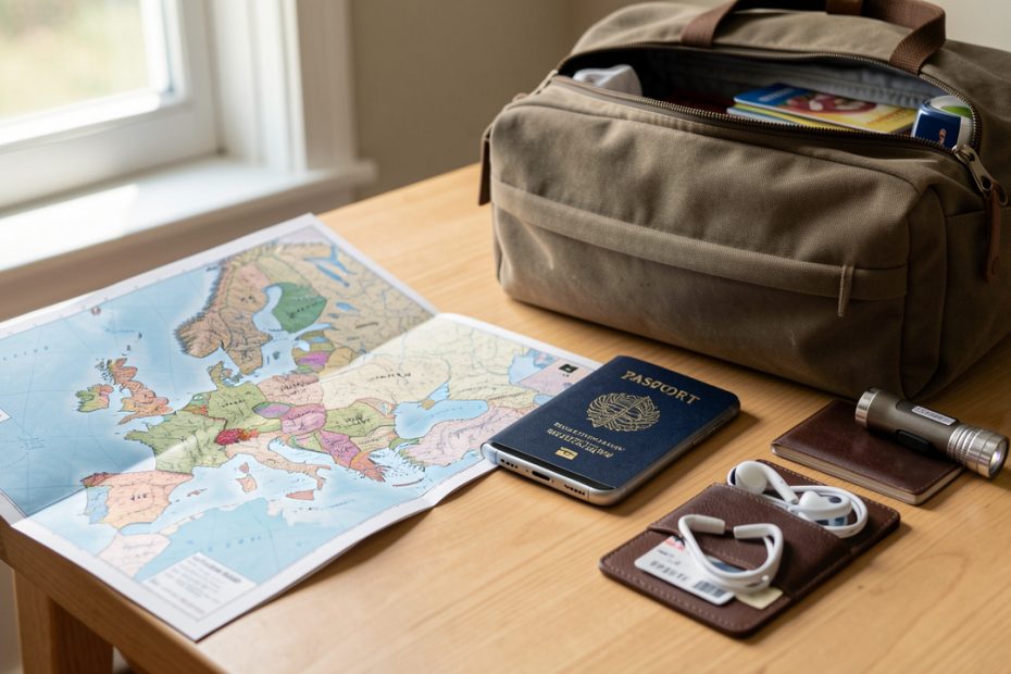 Sur une table, une carte d’Europe dépliée, un sac de voyage ouvert, un passeport, un smartphone et divers accessoires de préparation bien disposés.