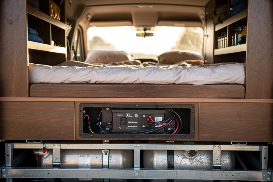 Intérieur d’un fourgon d’occasion bien équipé avec un lit compact, des rangements intégrés, une batterie auxiliaire visible et des réservoirs visibles.