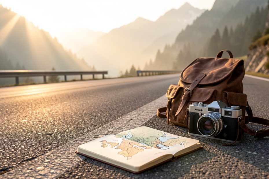 Au lever du jour, sur une route panoramique de montagne, un carnet de voyage ouvert avec une carte de l’Europe, un sac et un appareil photo posés près de la chaussée, dans une lumière dorée et un léger brouillard.