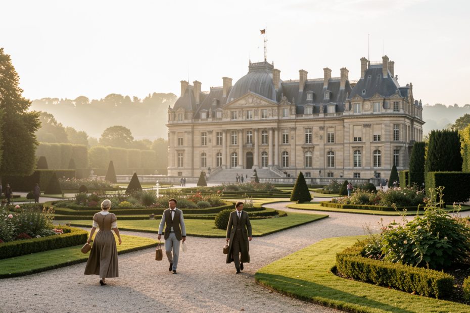 Vue élégante du château de Fontainebleau entouré de jardins et de nature, avec quelques promeneurs sous une lumière douce de week-end.