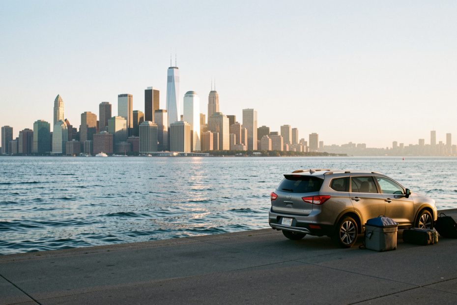 Vue matinale de Chicago depuis une promenade déserte au bord du lac Michigan, avec la skyline lumineuse, les eaux calmes et une atmosphère de départ en road-trip.
