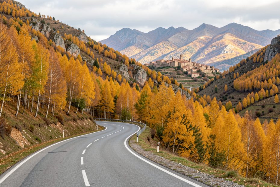 Route sinueuse traversant une forêt de hêtres dorés dans les Pyrénées aragonaises, avec un village de pierre visible au loin sous une lumière douce.