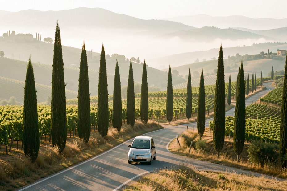 Vue matinale réaliste d’une route sinueuse de Toscane bordée de cyprès, avec une voiture discrète, des collines viticoles et une lumière dorée.