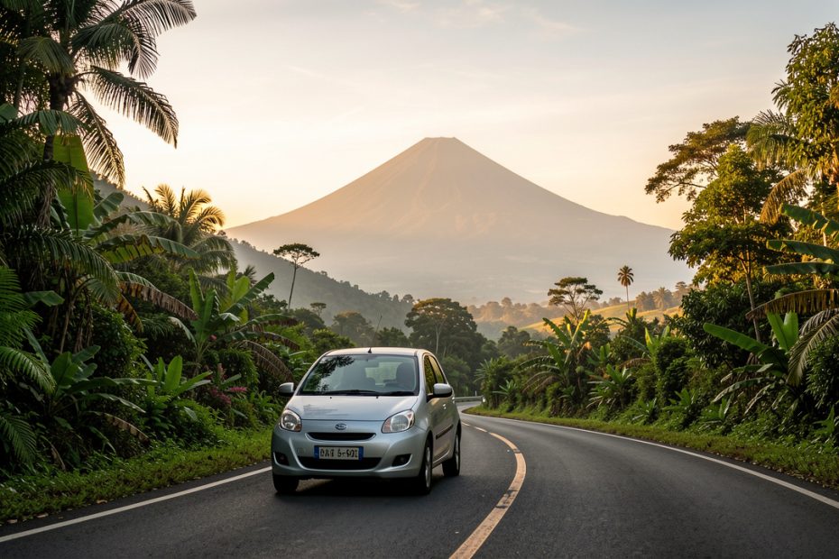 Voiture de location roulant sur une route sinueuse bordée de végétation tropicale, avec un volcan conique à l’horizon au lever du jour en Amérique centrale.