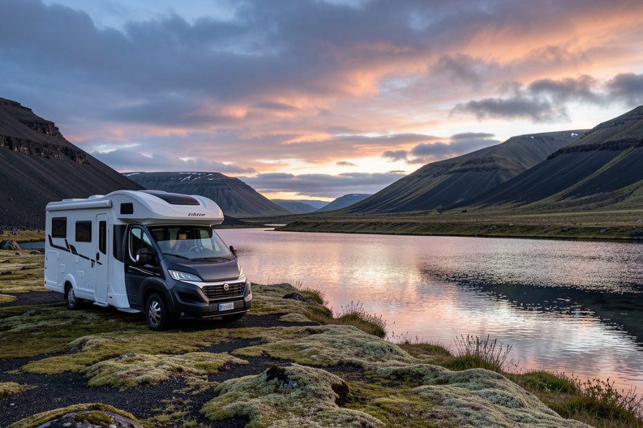 Van aménagé stationné dans un camping islandais au bord d’un lac, entouré de montagnes sombres sous un ciel d’été changeant.