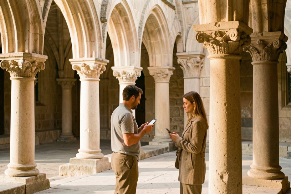 Le cloître roman de Moissac au matin, avec ses colonnes jumelées, ses chapiteaux sculptés et deux visiteurs observant discrètement les lieux avec leur smartphone.