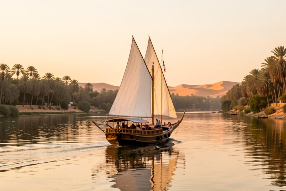 Dahabiya traditionnelle naviguant sur le Nil au lever du soleil, avec ses voiles blanches, des palmeraies et le désert égyptien en arrière-plan.