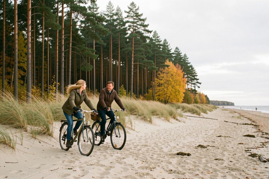 Un homme et une femme à vélo s’arrêtent sur une plage sauvage bordée de pins le long de la côte baltique lettone au début de l’automne.