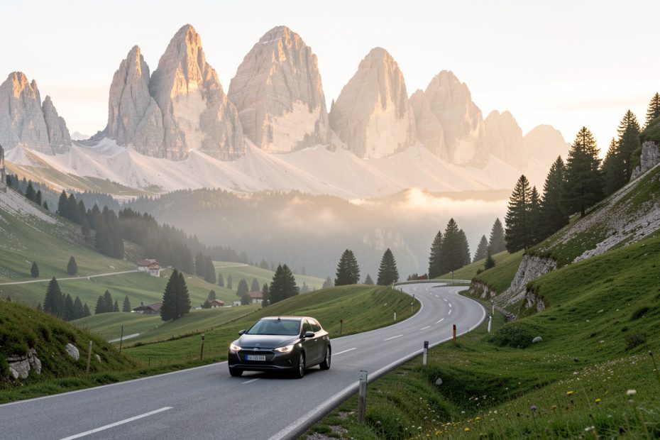 Route sinueuse des Dolomites italiennes au lever du soleil, avec une voiture discrète, des sommets calcaires et une lumière dorée.
