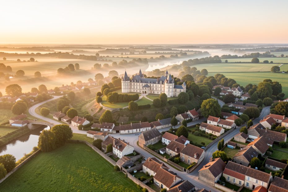 Vue aérienne réaliste de Thouars au lever du jour, avec le château dominant la vallée verdoyante du Thouet, les toits anciens et les routes de campagne des Deux-Sèvres.