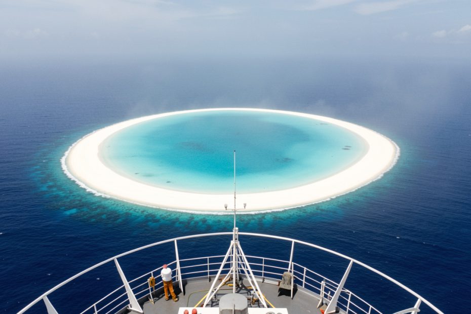 Vue documentaire de l’atoll de Clipperton depuis un navire d’expédition, avec un anneau de sable blanc autour d’un lagon turquoise au milieu de l’immense océan Pacifique.