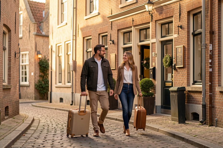Un homme et une femme arrivent devant un hôtel de charme dans une rue pavée de Bruges, baignés par une douce lumière de fin d’après-midi.