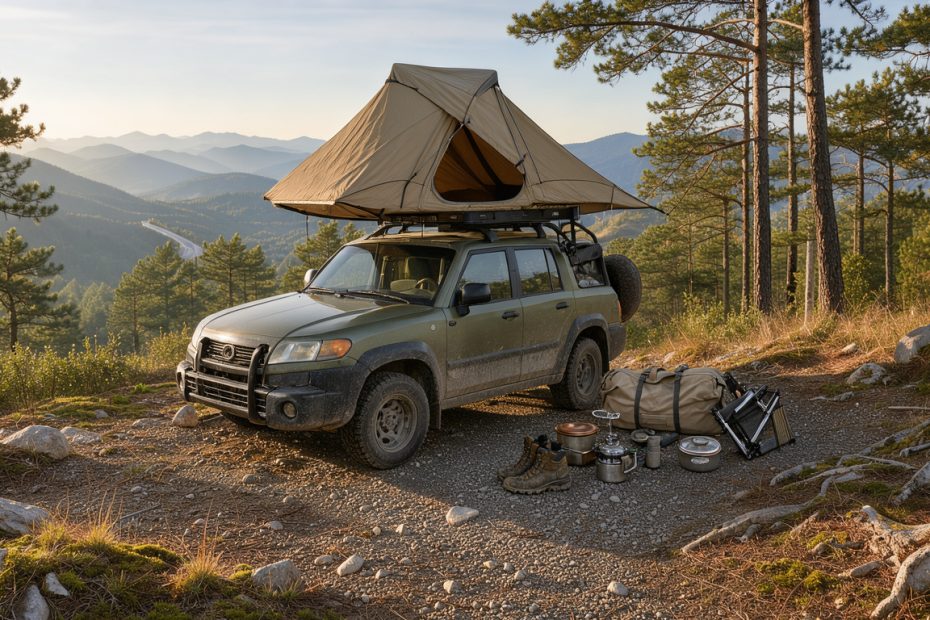 Véhicule équipé d’une tente de toit installé sur un belvédère forestier, avec du matériel de camping prêt pour un voyage.