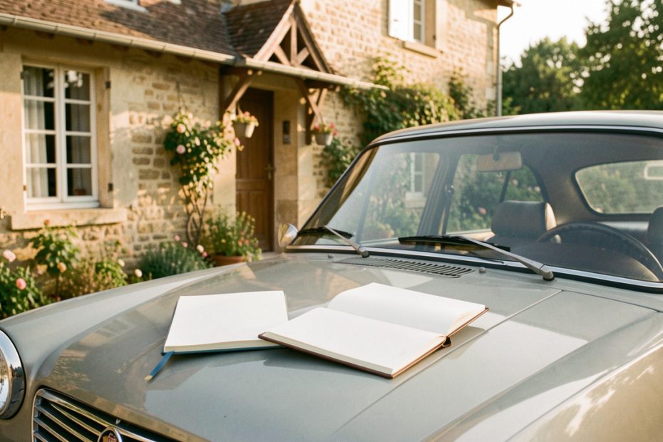 Voiture garée devant une maison française en pierre, avec un carnet vierge et un guide littéraire aux pages blanches ouverts sur le capot, baignés par une douce lumière de fin d’après-midi.
