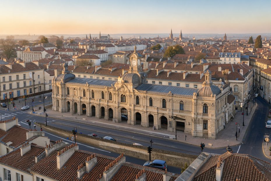 Vue éditoriale de Limoges au lever du jour, avec la gare des Bénédictins et les toits du centre historique baignés d’une lumière douce.